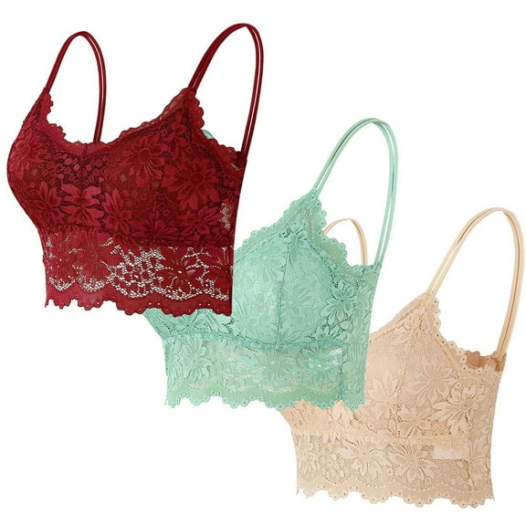 CENGNIAN No Boundaries 3 Pack Breathable Lace Bralettes,Womens Adjustable Strap V-Neck Camisole,Ladies Wirefree Padded Crop Tops,Wine,Size L