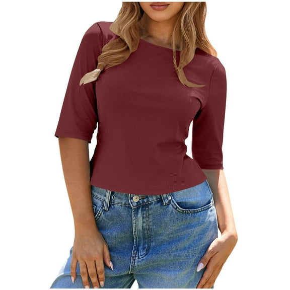 CENGNIAN No Boundaries Women's Basic Half Sleeved Crop Tops,Ladies Slim Fit Crew Neck T-Shirt,Y2K Summer Workout Top For Women,Wine,Size XXL