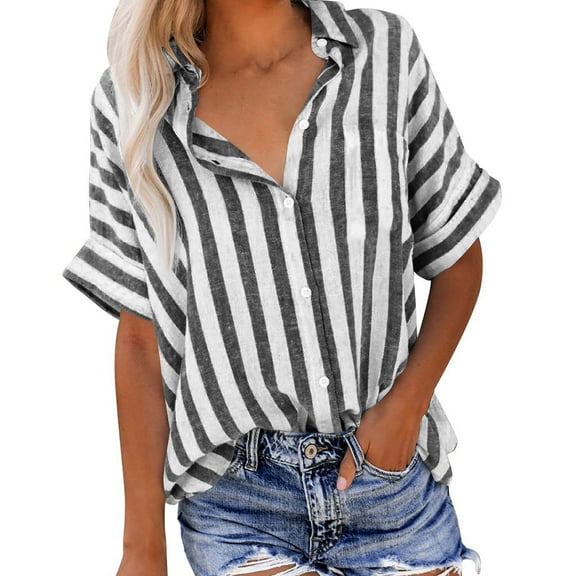 CENGNIAN No Boundaries Women's Button Down Striped Blouse,Ladies V-Neck Collared Tops,Short Sleeve Breathable Shirt For Women,Black,Size M