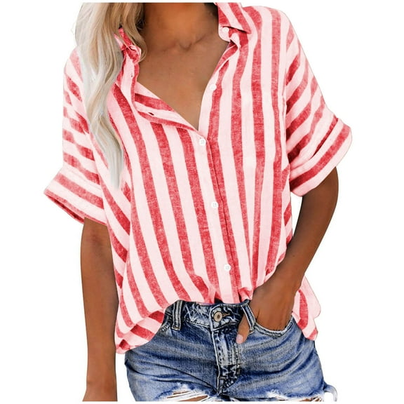 CENGNIAN No Boundaries Women's Button Down Striped Blouse,Ladies V-Neck Collared Tops,Short Sleeve Breathable Shirt For Women,Red,Size L