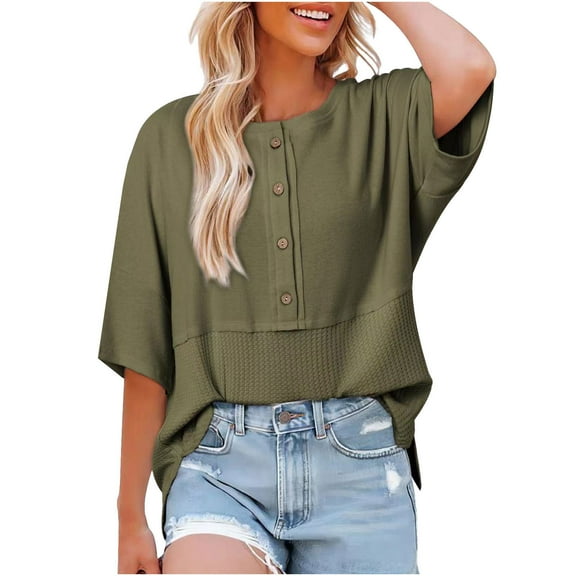 CENGNIAN No Boundaries Women's Crew Neck Patchwork Tops,Ladies 3/4 Sleeve Button Down Blouse,Plus Size Shirts For Women,Army Green,Size S