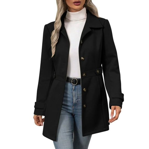CENGNIAN No Boundaries Women's Lapel Single-Breasted Trench Overcoat,Ladies Belted Trench Coat,Winter Elegant Jackets For Women,Black,Size L