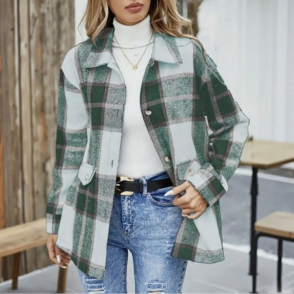 CENGNIAN No Boundaries Women's Plaid Flannel Shackets,Work Office Thick Coats For Women,Ladies Fall Winter Oversize Shirts,Green,Size XXL
