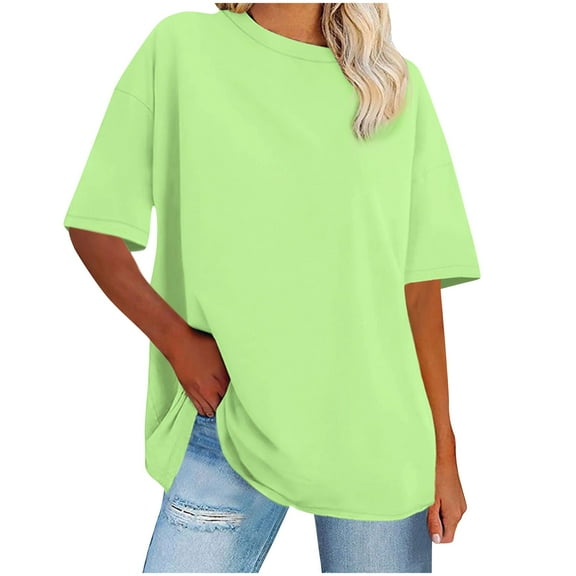 CENGNIAN No Boundaries Women's Plus Size Short Sleeve Tee,Solid Crewneck T-Shirt For Women,Ladies Trendy Breathable Workout Tops,Green,Size L
