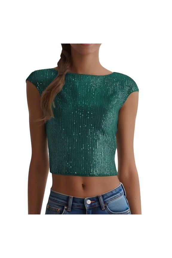 Women's Sequin Short Sleeve Crop Tops,Womens Sparkly Crewneck Party Tee,Ladies Y2k Streetwear,Green,Size M