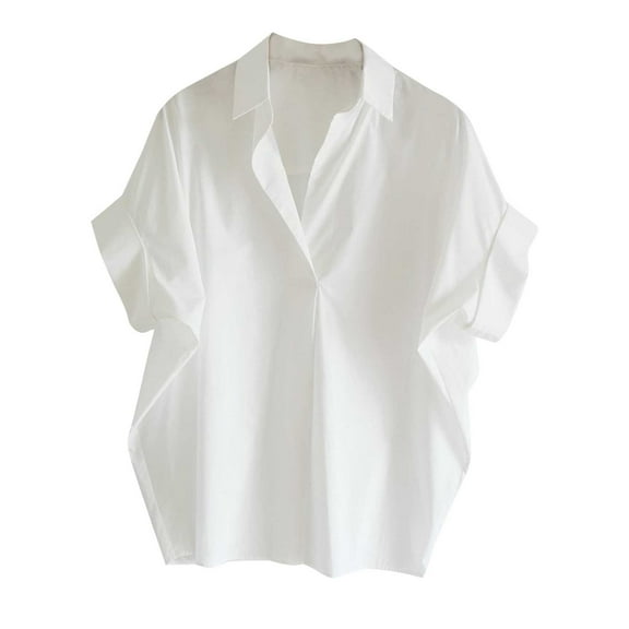 CENGNIAN No Boundaries Women's Short Sleeve Collared Blouse,Loose Casual Office Work Shirt For Women,Ladies Soft Breathable Tops,White,Size M