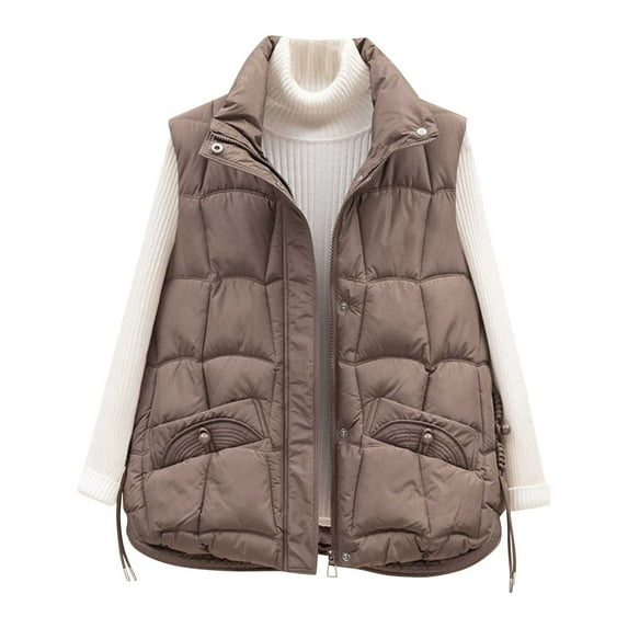 CENGNIAN No Boundaries Women's Sleeveless Winter Warm Outerwear,Womens Padded Vest Collection,Ladies Hooded/Zipped Pockets Styles Coats,Brown,Size L