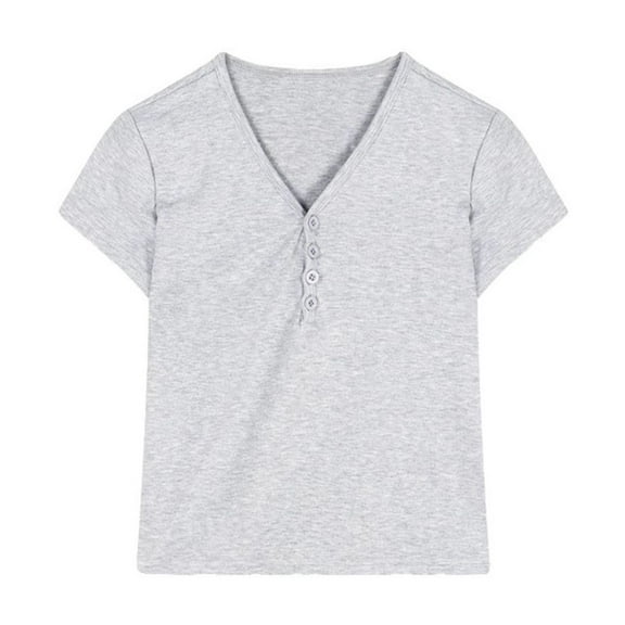 CENGNIAN No Boundaries Women's Summer Short Sleeve Henley Tops,Ladies V-Neck Button-Down Shirts,Slim Fit Ribbed Tee For Women,Gray,Size L