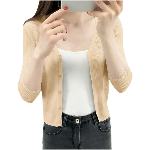 CENGNIAN Women's V-Neck 3/4 Sleeve Cardigan,Ladies Button-Down Cropped Overcoat,Womens Elegant Lightweight Outerwear,Beige,Size M