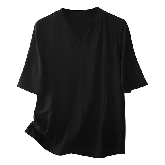 CENGNIAN No Boundaries Women's V-Neck Cotton Linen Tops,Womens Casual Vintage Short Sleeve Tee,Breathable Beach Blouse For Ladies,Black,Size L