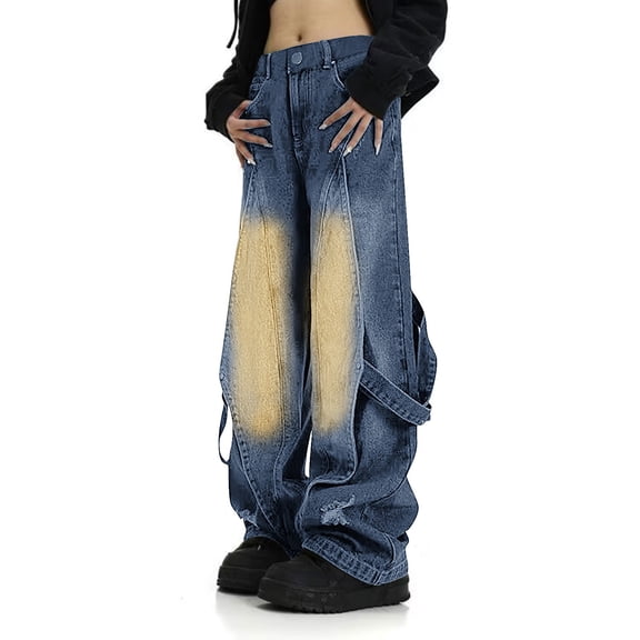 CENGNIAN No Boundaries Women's Vintage Color Block Jeans,Womens Baggy Waisted Denim Pants,Edgy Strappy Streetwear Trousers for Ladies,Blue,Size S