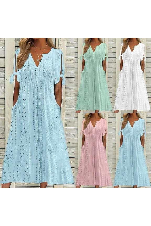 Summer Long Dresses for Women Casual Beach Vacation Dress Trendy Stretchy Hollow Out Short Sleeve Dress Blue,Size 2XL