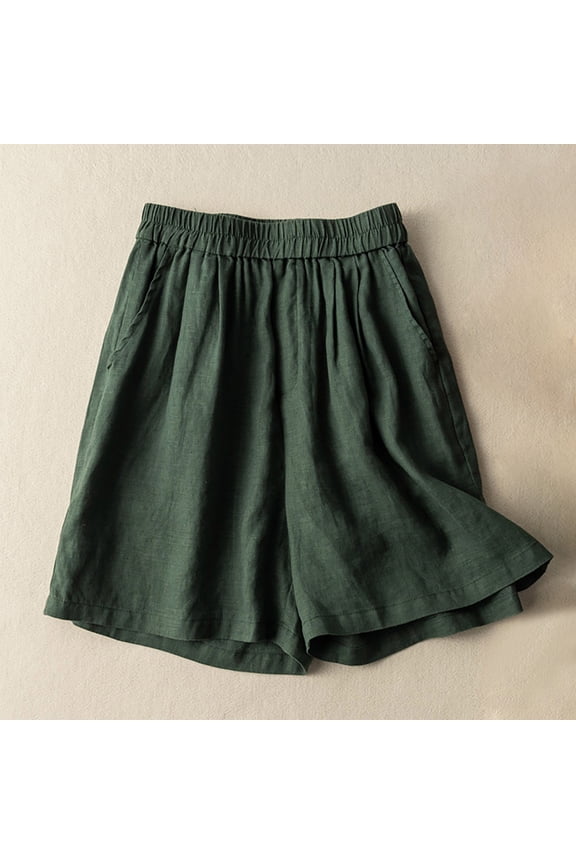 Wide Leg Linen Shorts for Women Elastic High Waisted Pleated Casual Loose Bermuda Shorts Valentine's Day Green,Size M