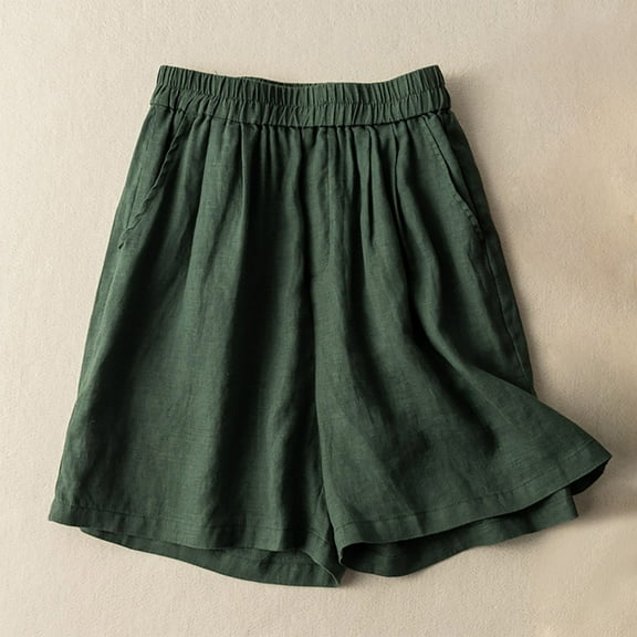 CENGNIAN Wide Leg Linen Shorts for Women Elastic High Waisted Pleated Casual Loose Bermuda Shorts Valentine's Day Green,Size XL