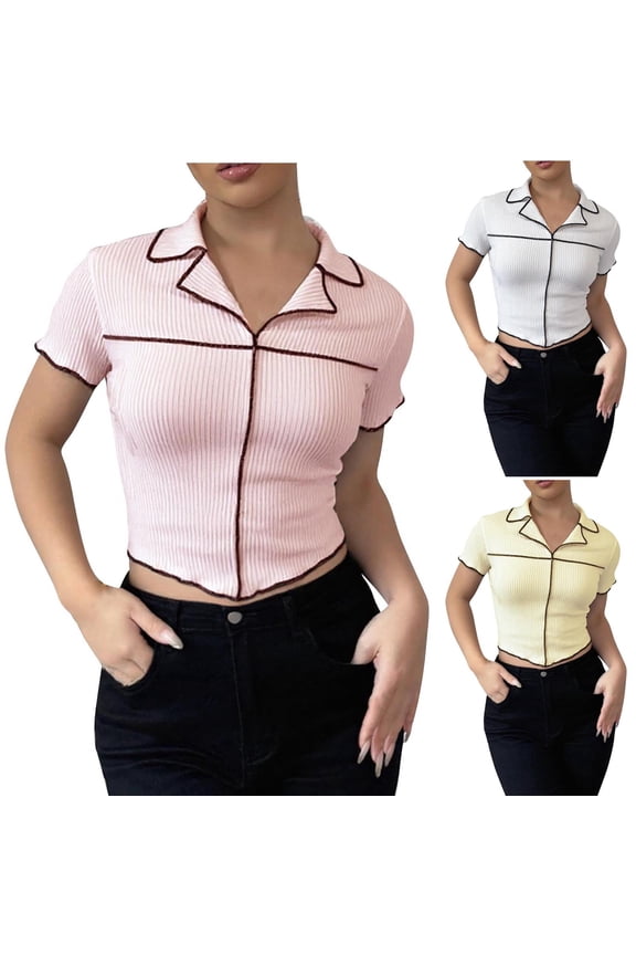 Women Casual Crop Polo Shirts,Summer Short Sleeve Ribbed Collared T-Shirt Solid Fitted V Neck Tops