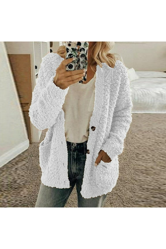 Women Casual Plus Size Plush Sweater Pockets Outerwear Buttons Cardigan Coat