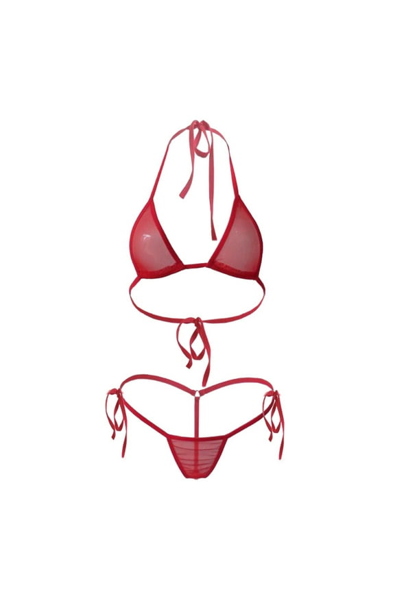 Women Mesh Three-Point Bikini Triangle Thongs Bathing Suits Perspective Bra Underwear Set Split Swimsuit