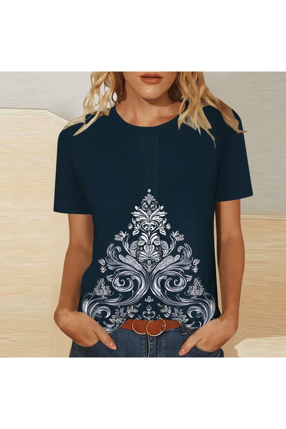 Women's Fashionable Casual Loose Cute Comfy Soft Summer Round Neck Short Sleeved T-shirt Solid Color Top Navy##,Size 2XL