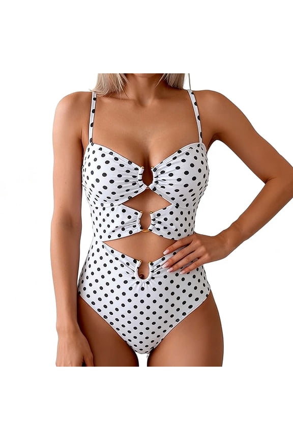 Women's Polka Dot One Piece Swimsuit with Multiple Cutouts Gold Ring Accents High Cut Bathing Suit