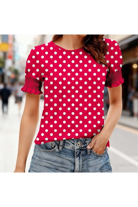 Women's Polka Dots Shirt Short Puff Sleeve Vintage Button Up Peter Pan Blouse Tops Valentine's Day Red##,Size XL