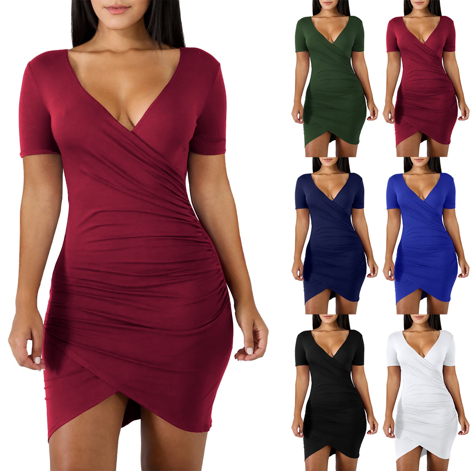 CENGNIAN Women's Sexy V Neck Ruffle Sleeve Ruched Bodycon Sheath ...
