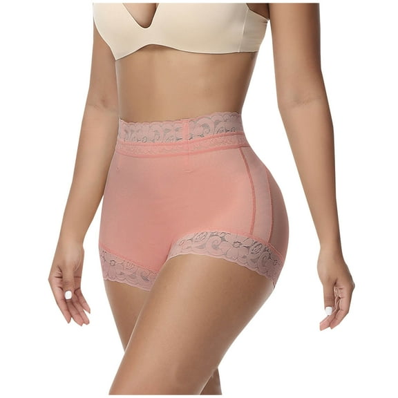 CENGNIAN Women's Solid Color Lace High Waist Leggings Briefs Seamless Shorts Mid Rise Boyshorts Panties Pink,Size 2XL