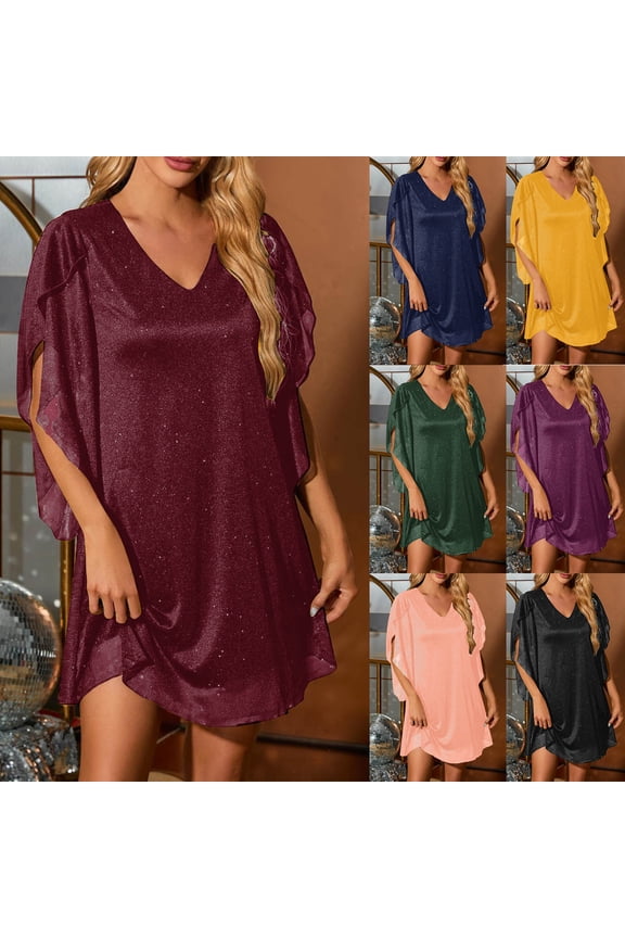 Women's Sparkly Cocktail Dresses for Wedding Guest Flutter Sleeve Loose Chiffon V-Neck Pullover Party Dress Army Green,Size L