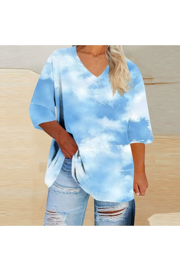 Womens 3/4 Sleeve Chiffon Blouses V Neck Double Layers Mesh Shirts Dressy Flowy Tunic Tops Casual Button Leisure Top Blue L