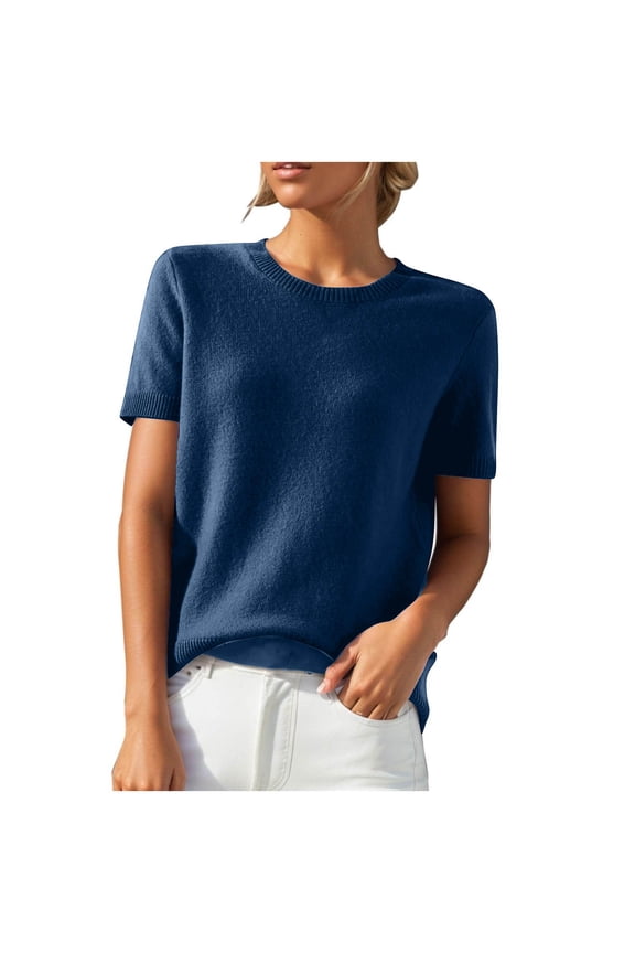 Womens Cropped Short Sleeve Sweater Crewneck Sheer Knit Tops Lightweight, Thin, Crop, Slim Fit Top