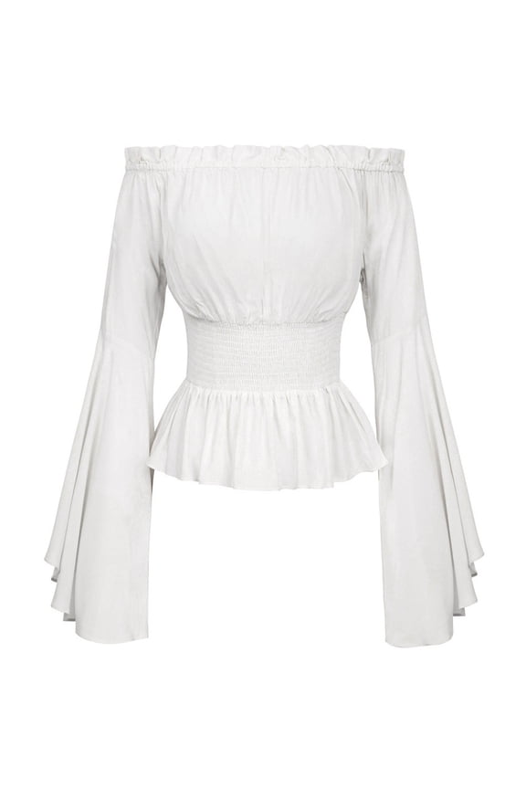 Womens Pirate Long Sleeve Peasant Blouse Renaissance Blouse Peasant Off Shoulder Tops White,Size L