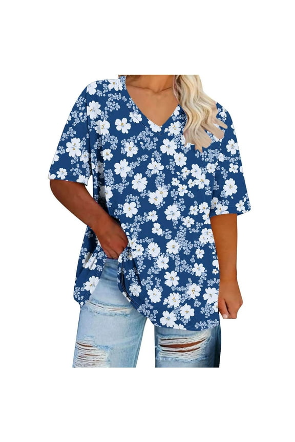 Womens Plus Size Floral Pattern Tops Summer Short Sleeve V Neck Tunic T-Shirts Blouse Blue,Size 3XL