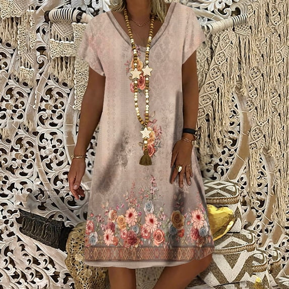 CENGNIAN Womens Plus Size Sun Dress on Casual Loose Summer Printed Short Sleeve Dress Beach Sundress Dresses
