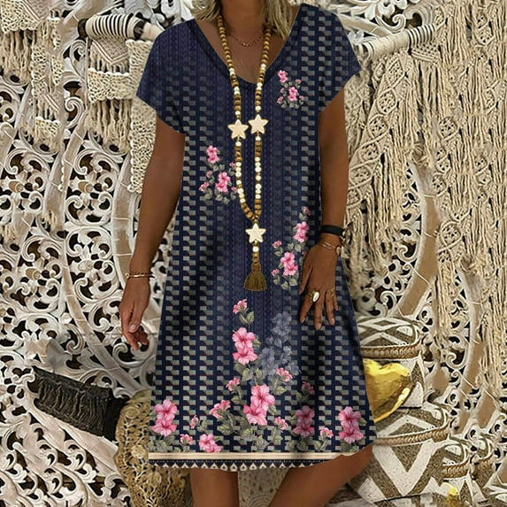 CENGNIAN Womens Plus Size Sun Dress on Casual Loose Summer Printed Short Sleeve Dress Beach Sundress Dresses
