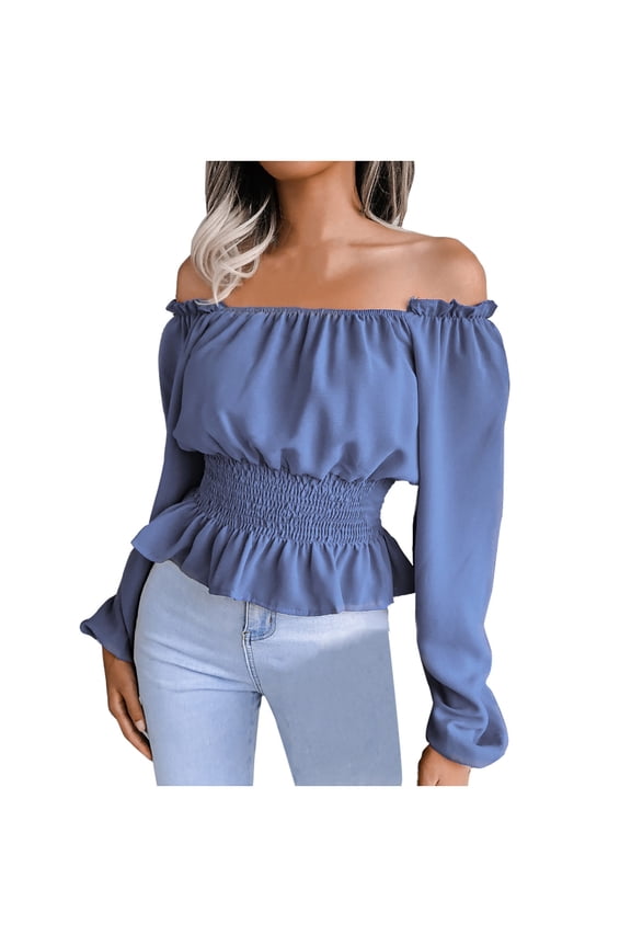 Womens Renaissance Blouse Peasant Off Shoulder Tops Pirate Long Sleeve Peasant Blouse Blue,Size S