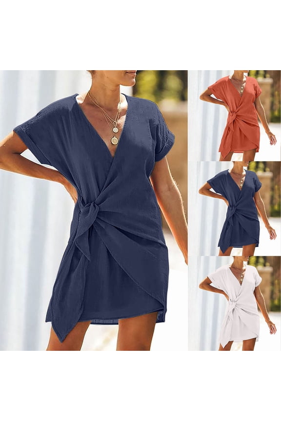 Womens Summer V Neck Short Sleeve Wrap Tops Elegant Casual Cute Front Twist Tie Knot Shirts Blouse Navy,Size 2XL