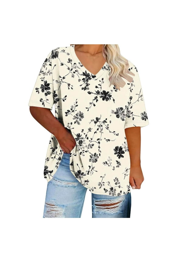 Womens Summer V Neck Tshirts Ruched Cap Short Fashion Sleeve Plus Size Tops Trendy Shirts Tunics with Side Shirring Beige,Size 4XL