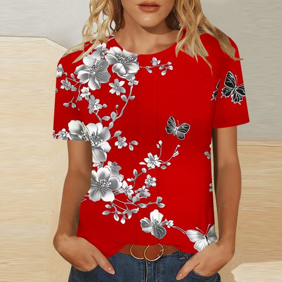 CENGNIAN Womens Tops Casual Short Sleeve Color Block Striped Crewneck Tee Shirts Casual Cute Comfy Soft Summer Blouse Red##,Size L