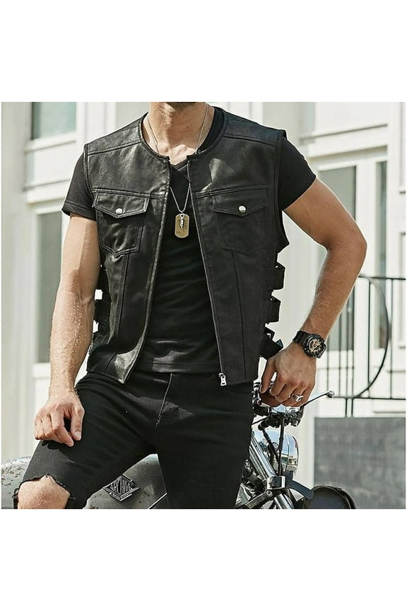 CENL Biker Faux Leather Waistcoat Mens Cut Motorcycle Black Various Club Pocket Vests