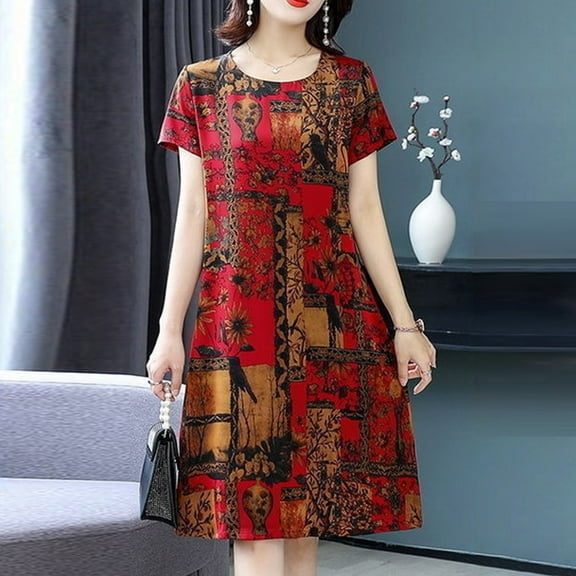 CENL Casual Dress Women Retro plus size print short-sleeved skirt loose mother wear