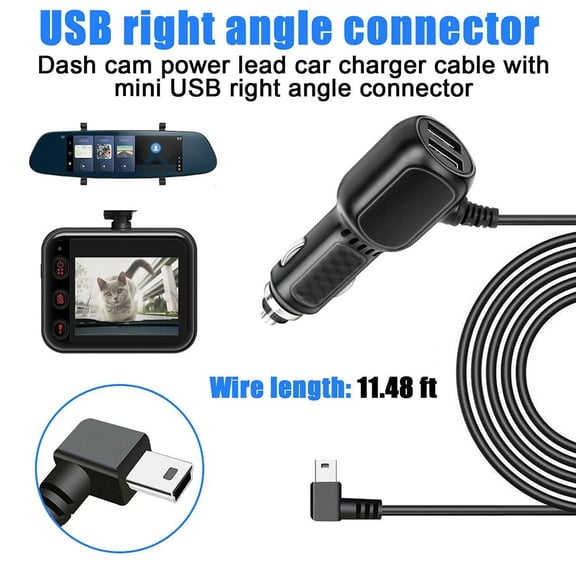 CENL Dash Cam USB Car Charger Cable 11 5ft for DVR Camera and GPS Devices Dual USB Port for Charging Multiple Devices