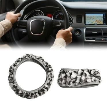 CENL Leopard Print Fluffy Warm Car Steering Wheel Cover Plush Fuzzy Girl