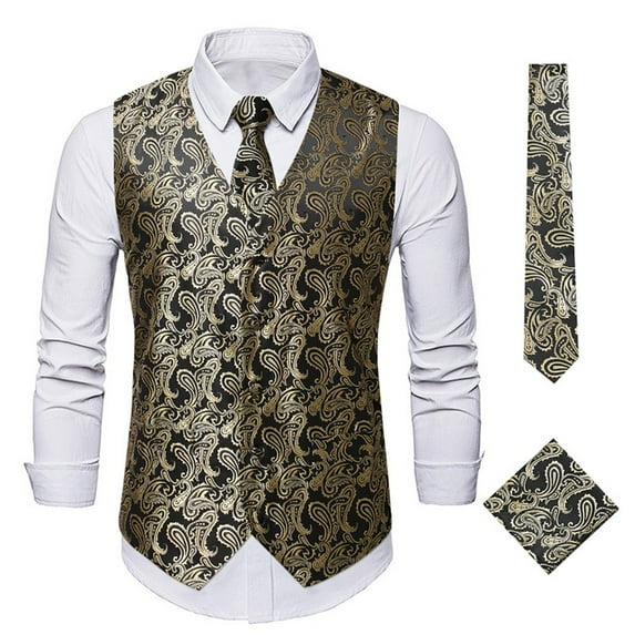 CENL Men Casual Waistcoat Gold Paisley Formal Vest Royal Purple Wedding Suit 3Pcs/set