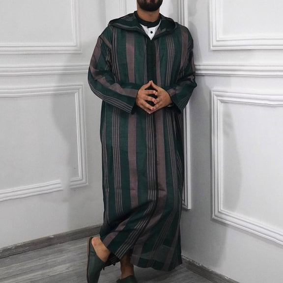 CENL Men Hooded Jubba Kaftan Dishdash Thobe Saudi Arab Muslim Maxi Long Sleeve Robe