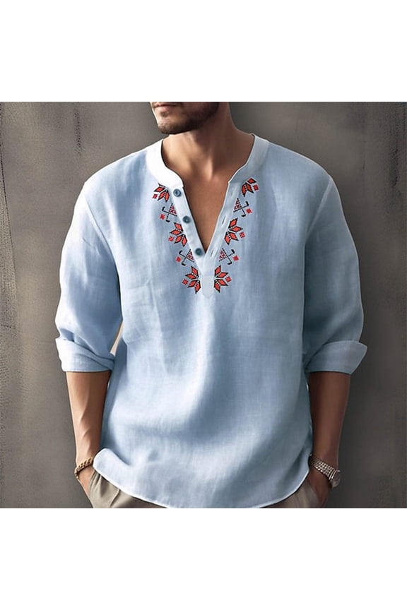 CENL Men Long Sleeve Button-Down Shirt Blouse Loose Henley V-Neck Beach Tops T Shirts