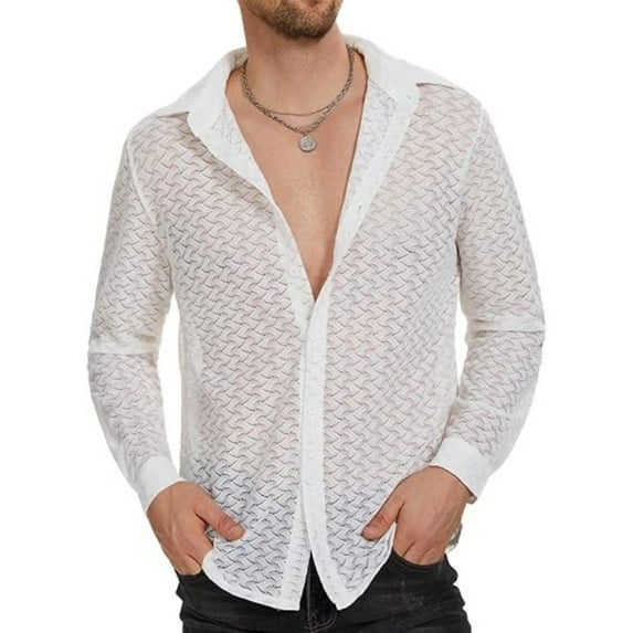 CENL Men Mesh See-through Loose Shirt Top Sexy Long-Sleeved V-neck Turn-down Collar