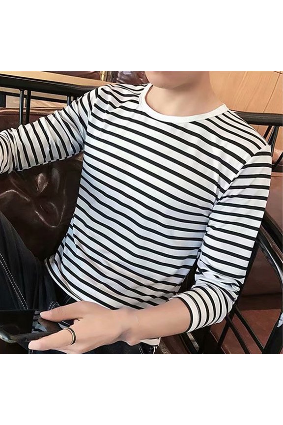 CENL Men Round Neck Shirts Long Sleeve Stripe T-Shirt Casual Undershirts Tees Tops