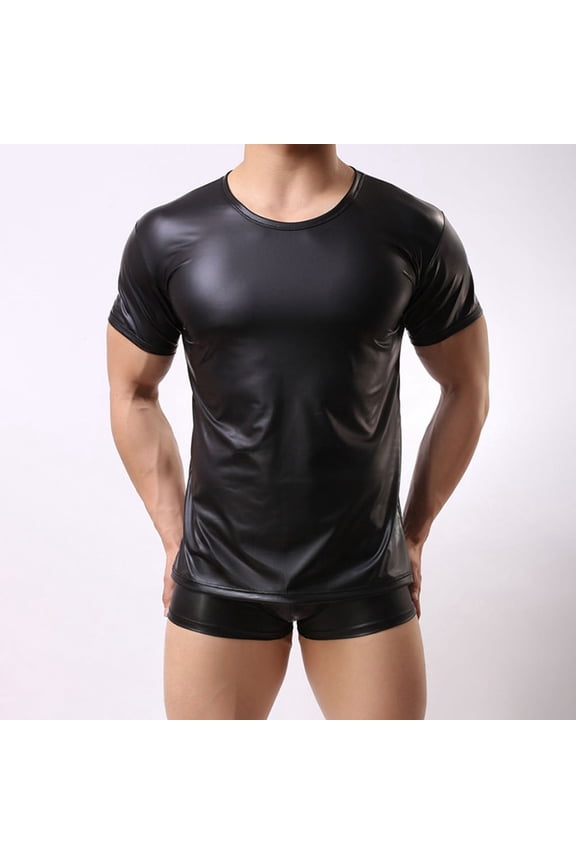CENL Men Wet Look Faux Leather Round Neck Short Sleeve Top T-Shirt Tights Shirts Club