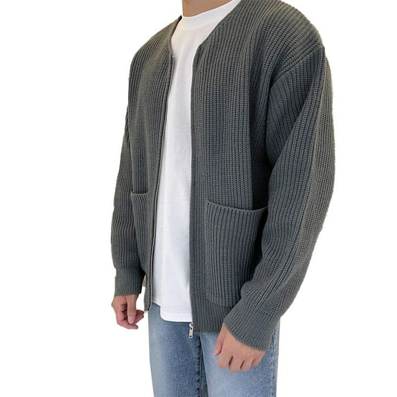 CENL Men Zip Up Knitted Cardigan Lined Funnel Neck Jumper Sweater w/ Pockets Coat