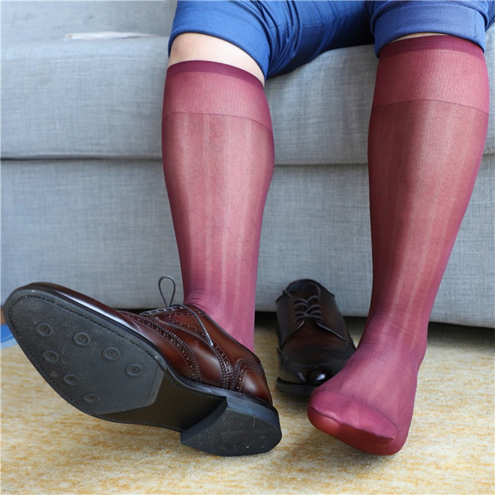 CENL Men\'s Sexy Knee High Long Striped Dress Silk Sheer Socks — free download