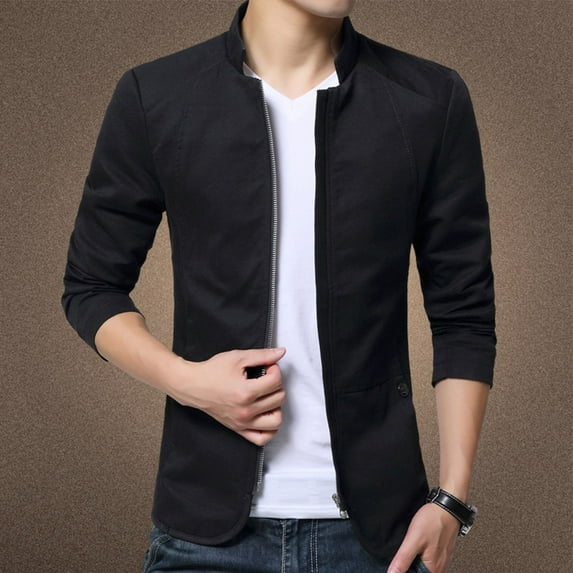 CENL Mens Casual Blazer Collared Coat Jacket Tops Slim Fit Business Formal Zip Suit